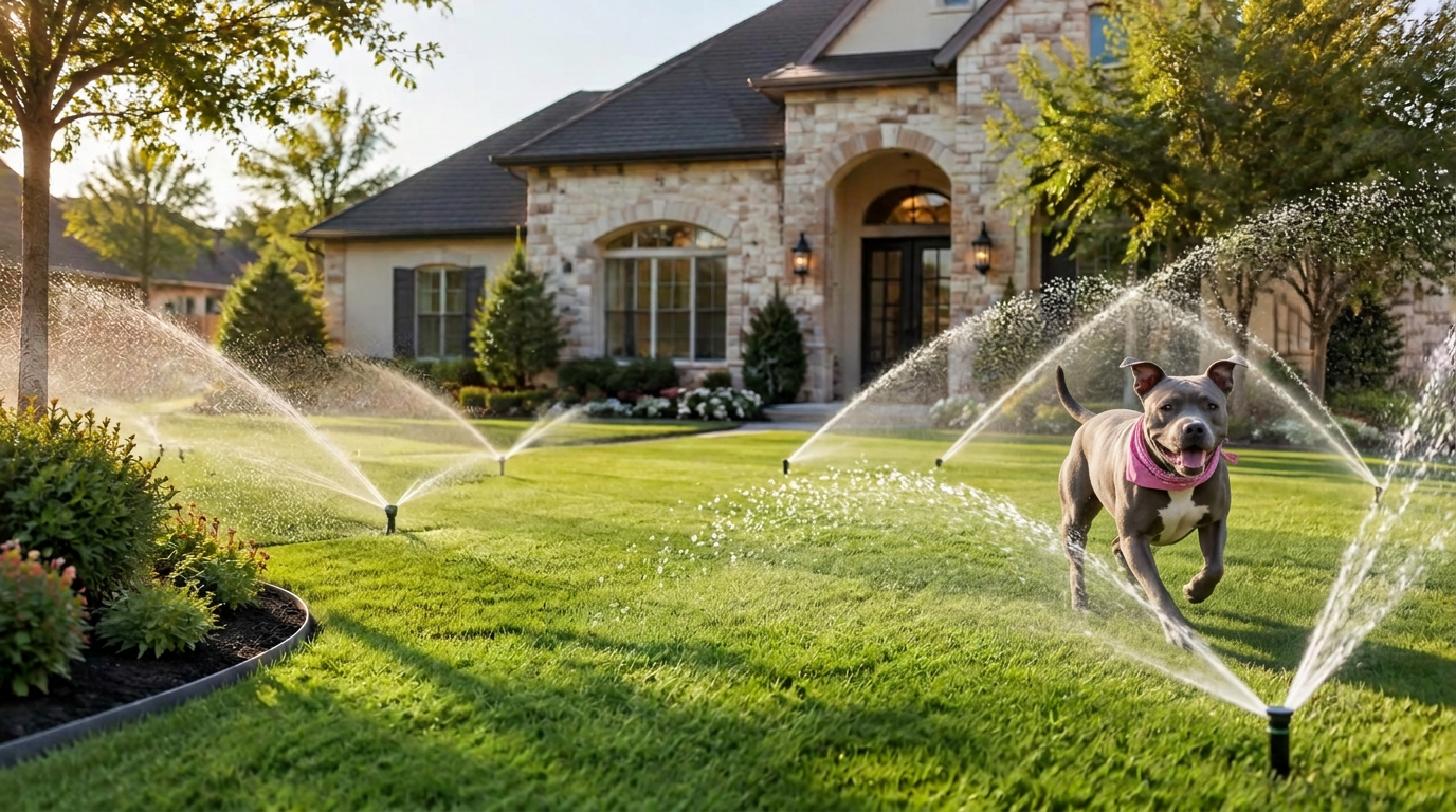 Dog walking across a freshly mowed lawn while sprinklers water the yard of a DFW home