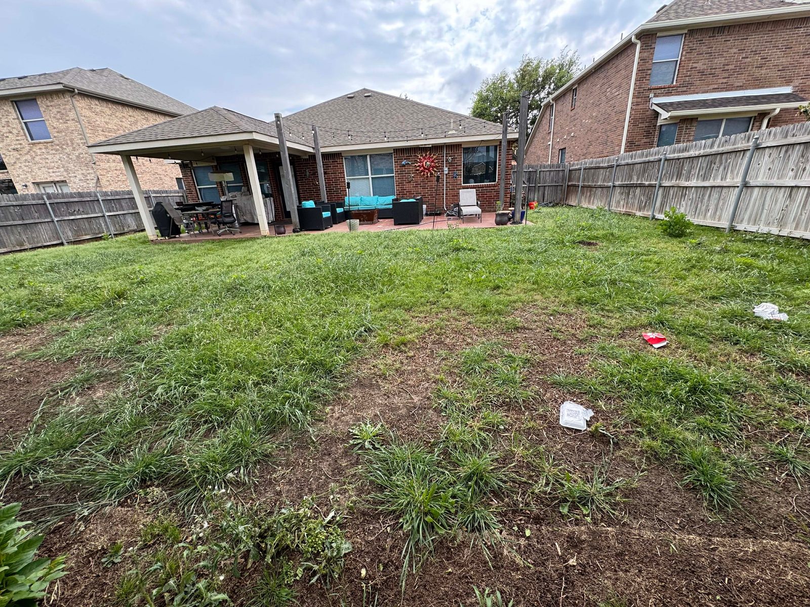 Overgrown patchy backyard with weeds and bare spots before service